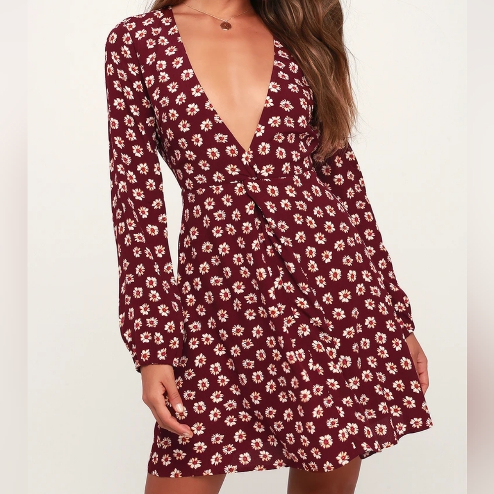 Fleur and Flirtation Burgundy Floral Print Long Sleeve Dress